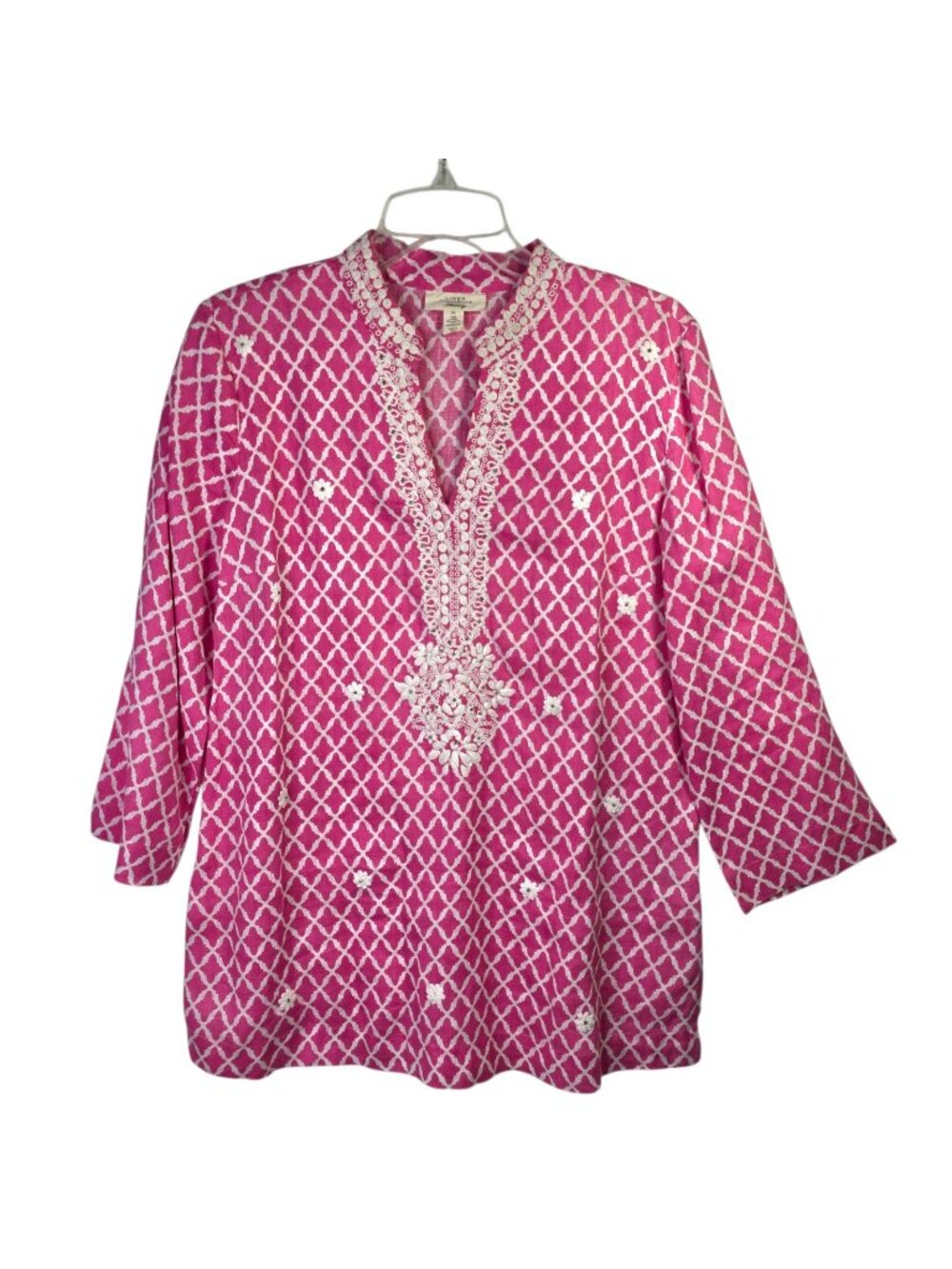 Charter Club Linen Tunic Top Womens Medium Pink Embroidered Boho Resort Festive